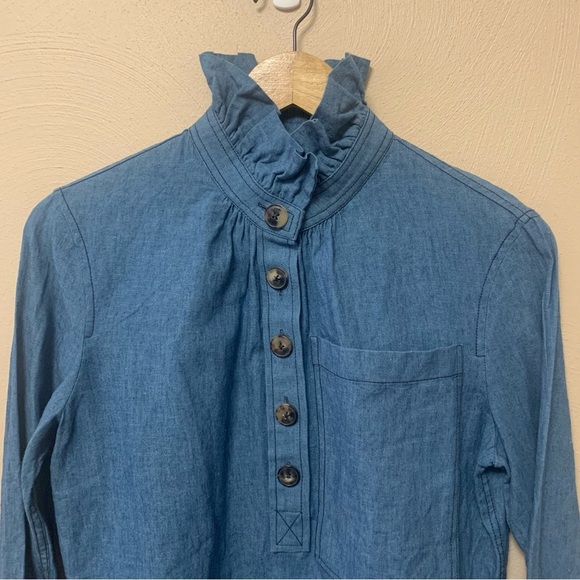 Tory Burch Chambray Ruffle Neck Blouse Size 2 Cotton Linen Blue - Picture 5 of 12